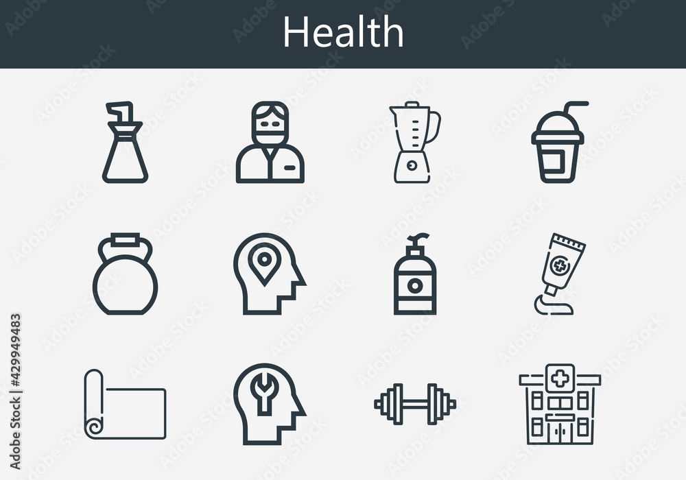 Premium set of health line icons. Simple health icon pack. Stroke vector illustration on a white background. Modern outline style icons collection of Medicine, Kettlebell, Mat, Dumbbell, Dentist Premium set of health line icons. Simple health icon pack. Stroke vector illustration on a white background. Modern outline style icons collection of Medicine, Kettlebell, Mat, Dumbbell, Dentist