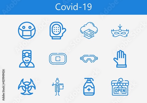 Premium set of covid-19 line icons. Simple covid-19 icon pack. Stroke vector illustration on a white background. Modern outline style icons collection of Biohazard, Glove, Gloves, Stop, Mask
