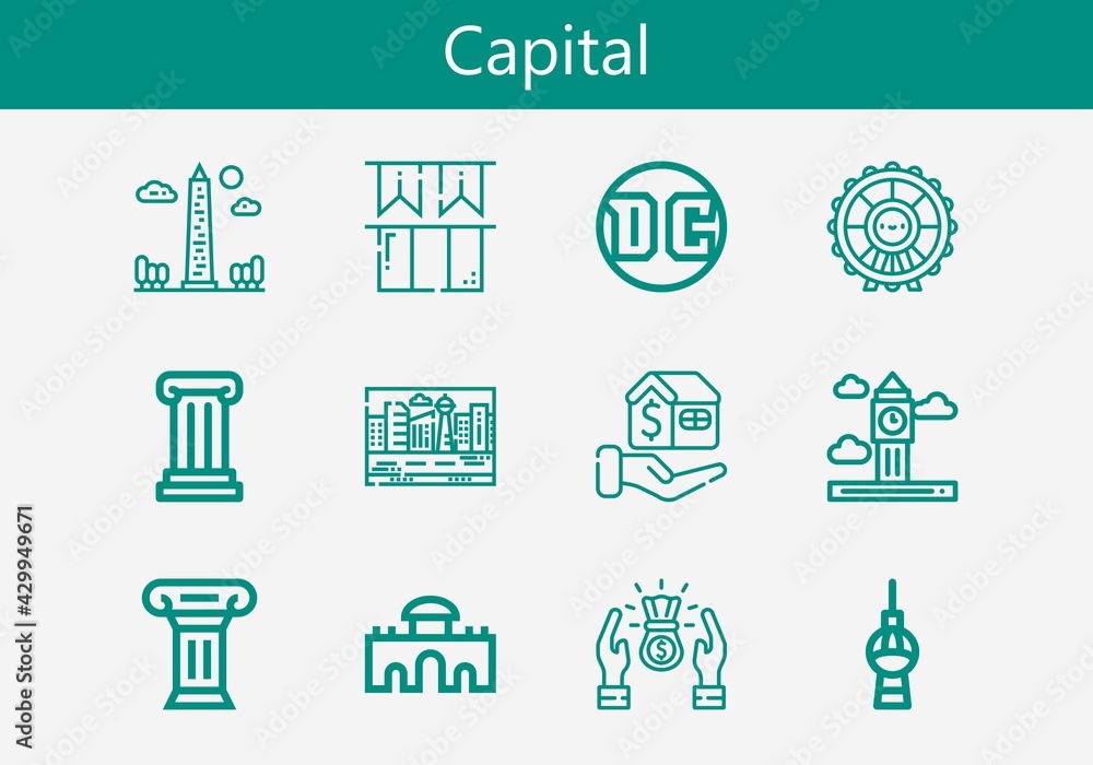 Premium set of capital line icons. Simple capital icon pack. Stroke vector illustration on a white background. Modern outline style icons collection of Column, Mortgage, Ireland, Big ben, Profit Premium set of capital line icons. Simple capital icon pack. Stroke vector illustration on a white background. Modern outline style icons collection of Column, Mortgage, Ireland, Big ben, Profit