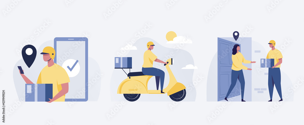Delivery service. Woman receiving parcel from courier on doorstep. Vector illustration. Delivery service. Woman receiving parcel from courier on doorstep. Vector illustration.