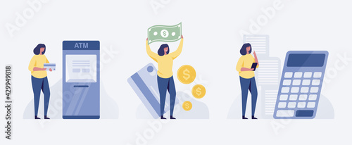 Woman at the ATM. Withdraw cash from machine. vector illustration