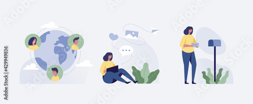 Young woman having videoconference with colleagues. Corporate video call, distant discussion. Friends talking online. Vector illustration.