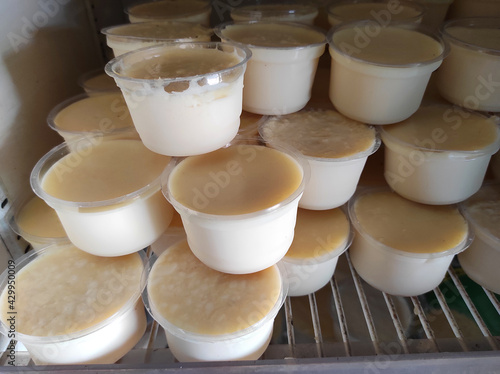 Bengal's famous yogurt 'mishti doi' is kept in some plastic cup in the refrigerator photo