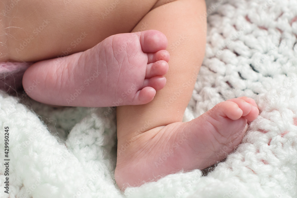 Soft newborn baby feet against a pink blanket. Soft newborn baby feet against a pink blanket.