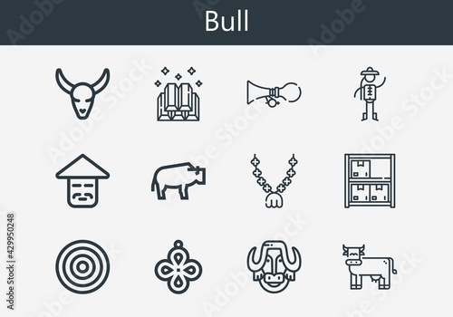 Premium set of bull line icons. Simple bull icon pack. Stroke vector illustration on a white background. Modern outline style icons collection of Horn, Pendant, Bull skull