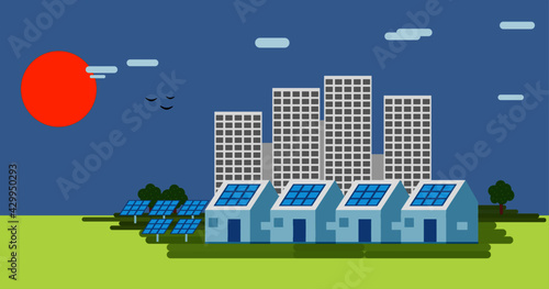 Solar Panel City House Building Renewable Energy green ecology home power with panels energy vector illustration in flat style new world environment modern design