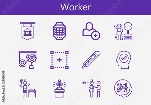 Premium set of worker line icons. Simple worker icon pack. Stroke vector illustration on a white background. Modern outline style icons collection of Add user, Garden, Bank, Helmet, Cutter
