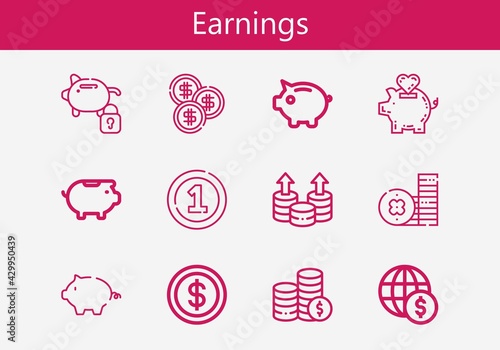 Premium set of earnings line icons. Simple earnings icon pack. Stroke vector illustration on a white background. Modern outline style icons collection of Coin, Coins, Piggy bank