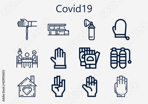 Premium set of covid19 [S] icons. Simple covid19 icon pack. Stroke vector illustration on a white background. Modern outline style icons collection of Oxygen, Gloves, Dinner, Handkerchief, Hand