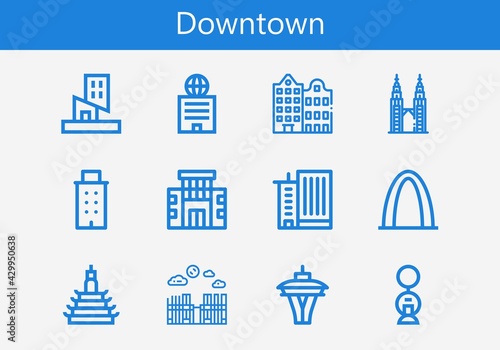 Premium set of downtown line icons. Simple downtown icon pack. Stroke vector illustration on a white background. Modern outline style icons collection of Building, Office building