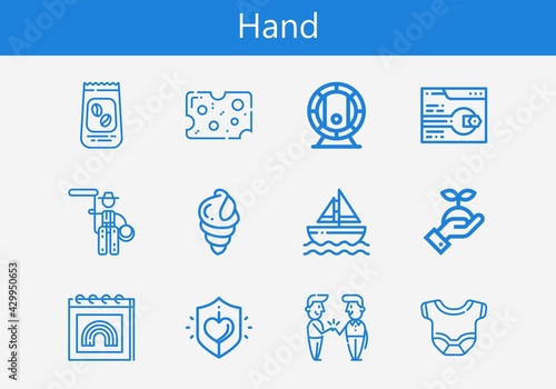 Premium set of hand line icons. Simple hand icon pack. Stroke vector illustration on a white background. Modern outline style icons collection of Seashell, Support, Pride