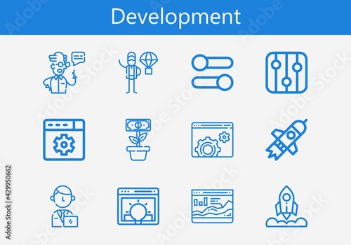 Premium set of development line icons. Simple development icon pack. Stroke vector illustration on a white background. Modern outline style icons collection of Growth, Idea, Scientist, Product release