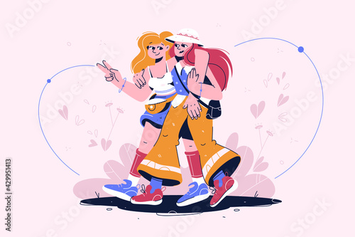 Bundle of young women or girl friends spending time together walking. Cute cartoon characters. Flat vector illustration.