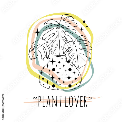 Minimalist boho illustration of quote Plant lover with black line art potted house plant monstera and abstract shapes background. Stock vector.
