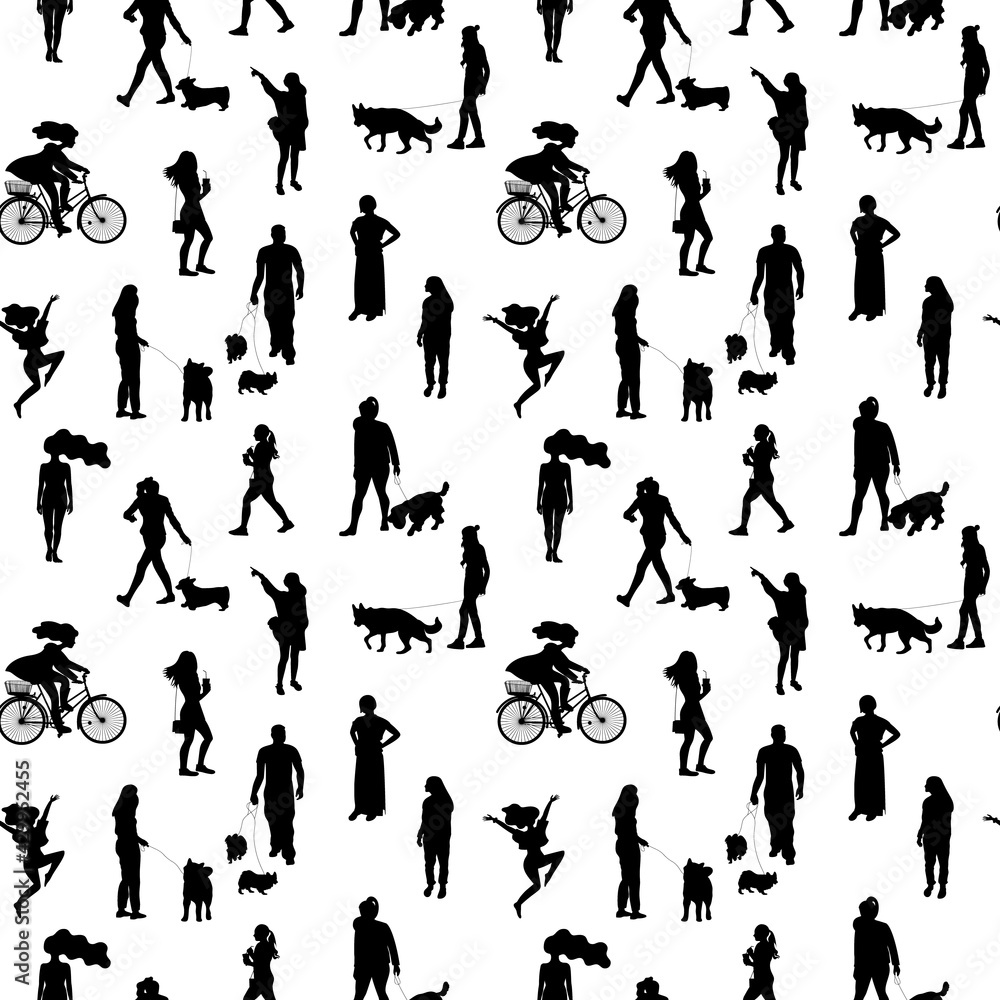 Black and white monochrome seamless pattern with silhouettes of many walking and standing people in summer clothes. On white background. Black and white monochrome seamless pattern with silhouettes of many walking and standing people in summer clothes. On white background.