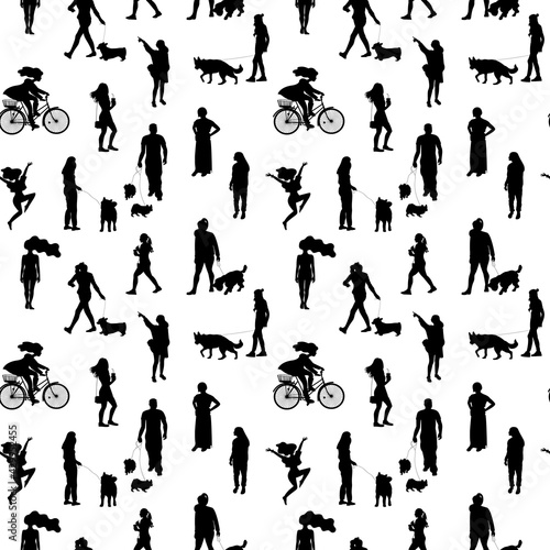Black and white monochrome seamless pattern with silhouettes of many walking and standing people in summer clothes. On white background.