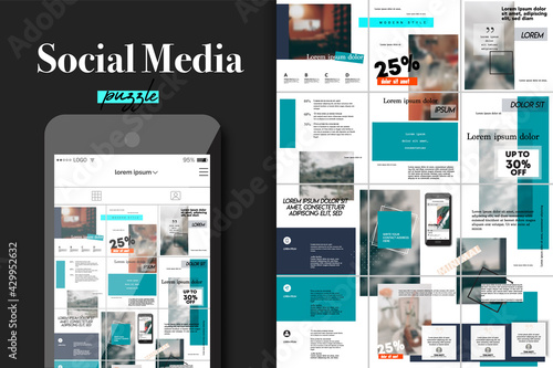 Social Media Puzzle Template Pack for creature your unique content. Modern ultra endless design banner, screen. Kit app editorial service. Mockup for personal blog. Endless square puzzle for promotion