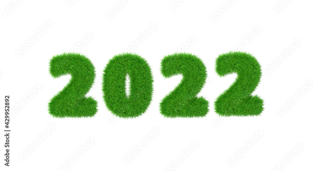 Happy New 2022 Year. Holiday new year green grass figures isolated on white background. 3d render Happy New 2022 Year. Holiday new year green grass figures isolated on white background. 3d render