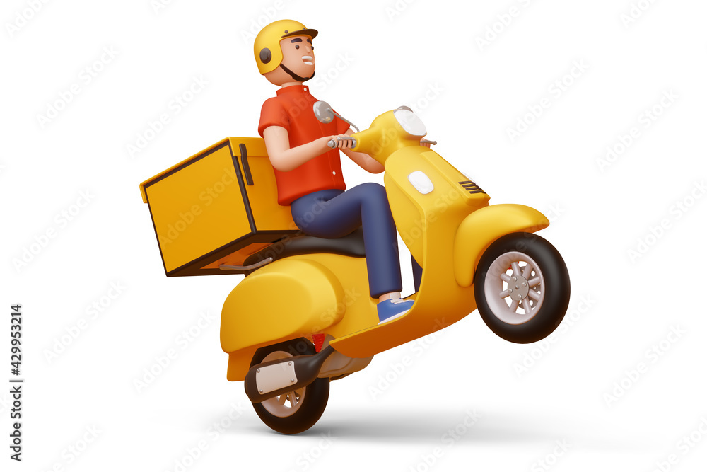 Delivery man riding a motorcycle with delivery box, 3d rendering. Delivery man riding a motorcycle with delivery box, 3d rendering.