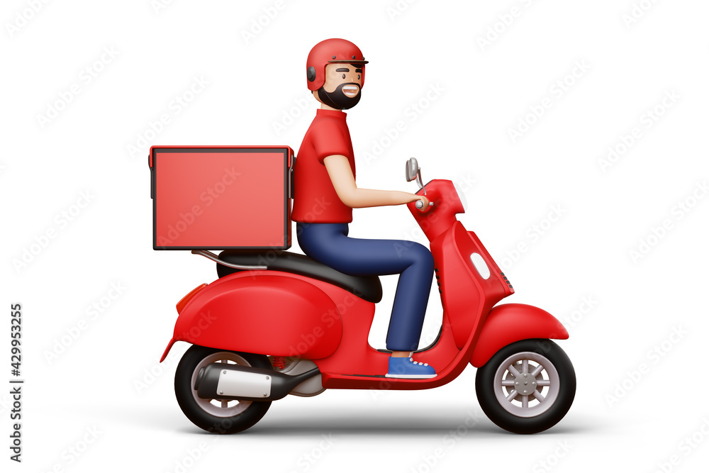 Delivery man riding a motorcycle with delivery box, 3d rendering.  Stock-Illustration | Adobe Stock