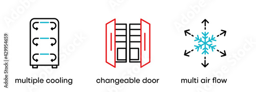 Multiple cooling, changeable door direction and multi air flow icon set. This symbol is the symbol set for the refrigerator. Colorful refrigerator button icon. Editable Stroke. Logo, web and app.
