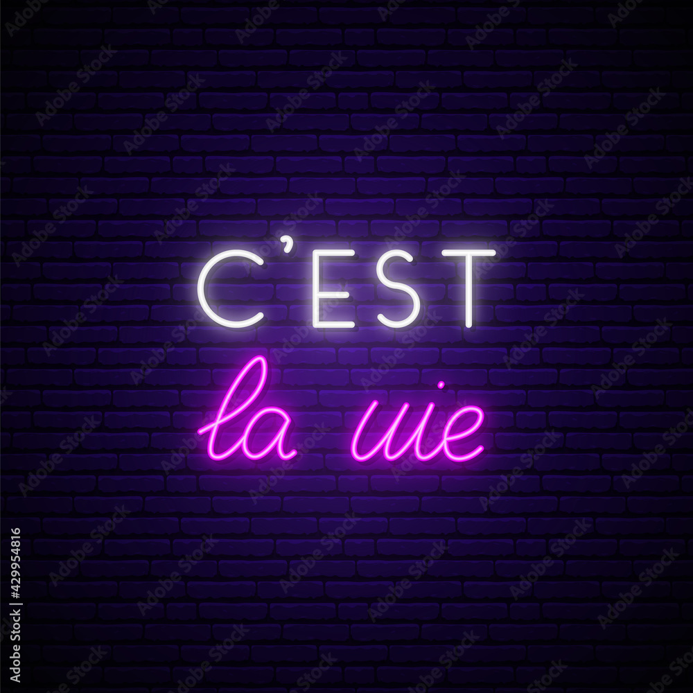 C'est la vie neon signboard. It's a life on french. Glowing french quote on brick wall background. Vector banner in neon style. C'est la vie neon signboard. It's a life on french. Glowing french quote on brick wall background. Vector banner in neon style.