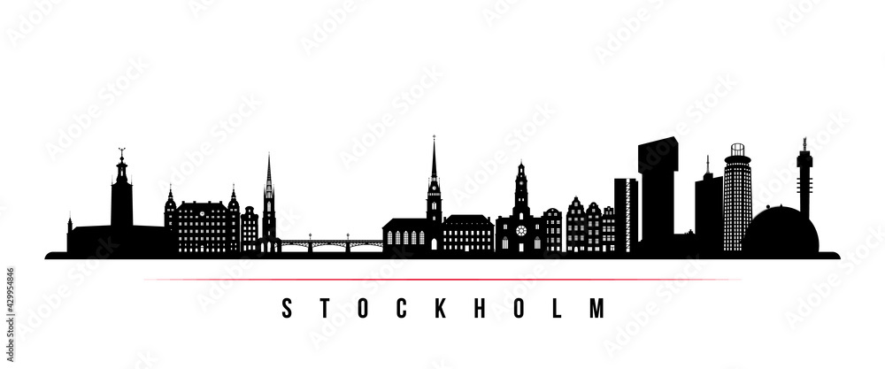 Stockholm skyline horizontal banner. Black and white silhouette of Stockholm, Sweden. Vector template for your design.
