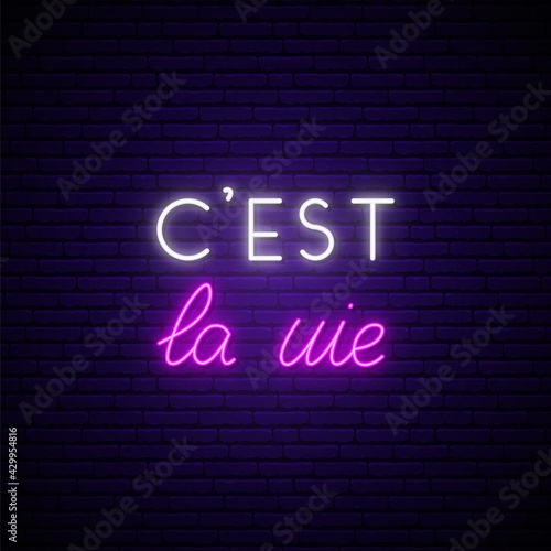 C'est la vie neon signboard. It's a life on french. Glowing french quote on brick wall background. Vector banner in neon style.