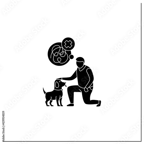 Pets benefits glyph icon.Reducing anxiety. Calming down. Dog help with depression.Reduce stress. Animal caring concept. Filled flat sign. Isolated silhouette vector illustration