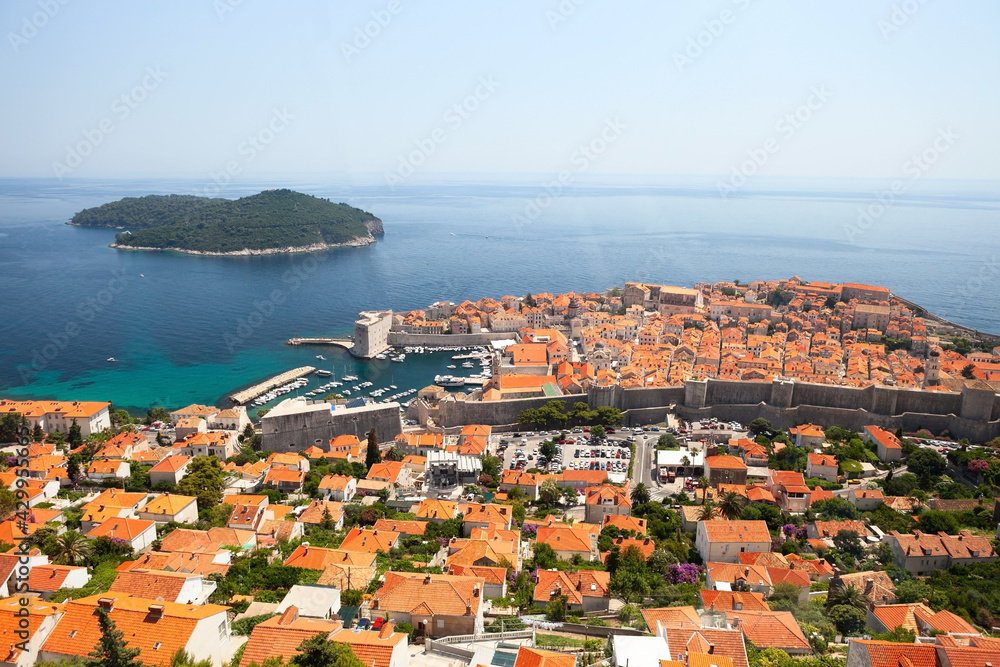 Aerial view on the old walled and new parts of Dubrovnik, Croatia