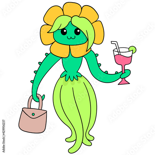 cute plant creatures are walking with groceries and a glass of juice, doodle icon image kawaii