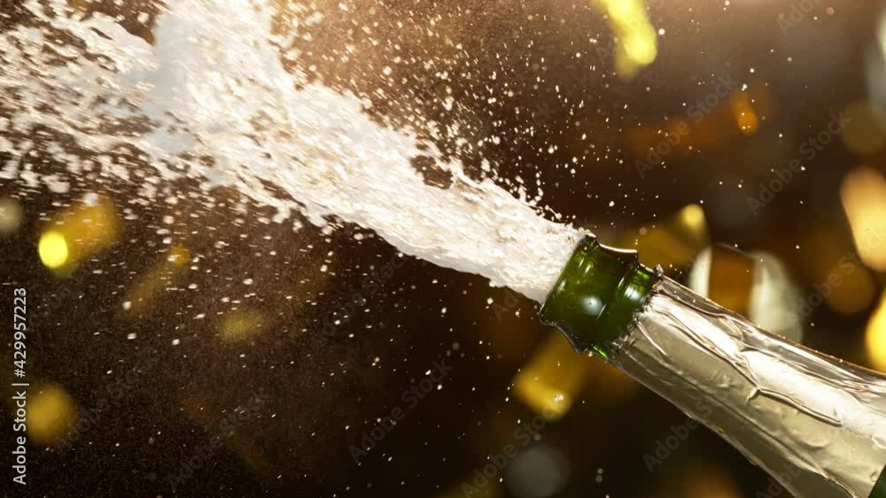 Super slow motion of Champagne explosion with flying cork closure,