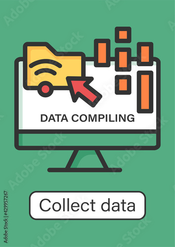 Collect data online brochure.Data compiling, account info gathering.Online banking services template.Flyer,magazine,poster,booklet.Customer data infographic concept.Layout illustration page with icon