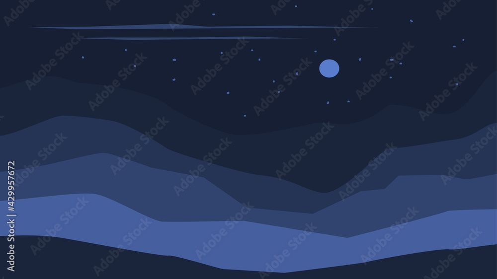abstract wavy shapes mountain and hills night landscape, vector illustration scenery in navy blue color palette
