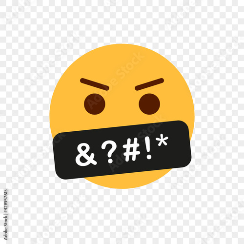 Yellow Angry Face Emoji. Obscene Language. Swearing or Vulgar Word on black bar. Bad Word and Behaviour. Swearing Emoticon icon. Emoji icon with Censored black bar. Vector illustration