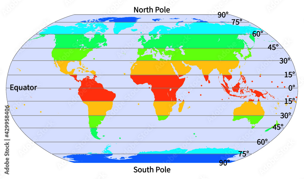 World map with latitude in degrees north pole equator and south pole