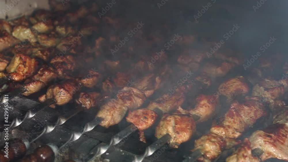 Frying almost ready kebab close up Frying almost ready kebab close up