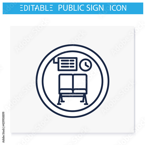 Waiting room symbol line icon. Waiting chairs, lounge zone. Travel service sign. Public place navigation. Universal public building signs concept. Isolated vector illustration. Editable stroke