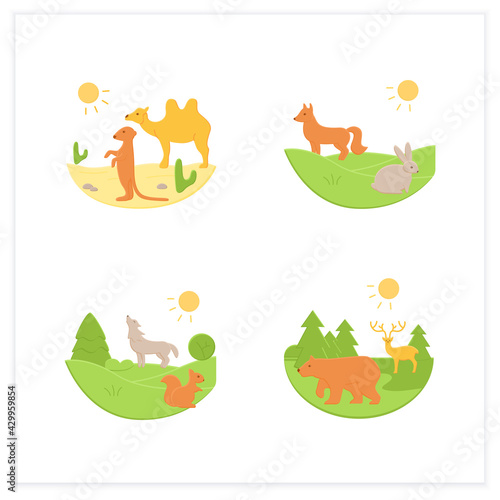 Biodiversity flat icons set. Consists of desert, grassland,temperate forest, taiga forest ecosystems. Biodiversity concept. 3d vector illustrations