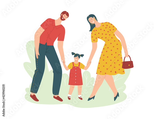 Color vector illustration in flat style isolated on white background. A young family is walking with a child. Beautiful couple with a baby in the park. Mom and Dad lead daughter by the hand