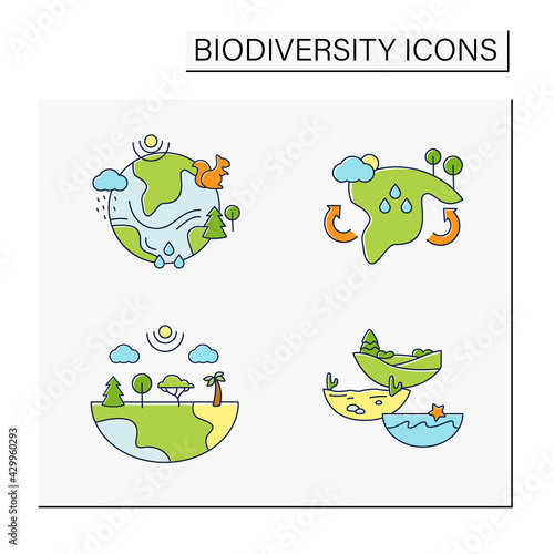 Biodiversity color icons set.Reduce air pollution. Fighting global warming. Saving flora and fauna.Species diversity ecosystem icons.Biodiversity concept.Isolated vector illustrations