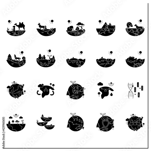 Biodiversity glyph icons set. Consists of desert, grassland, tundra, freshwater, rainforest, coral reef, ecosystem icons. Biodiversity concept.Filled flat sign. Isolated silhouette vector illustration