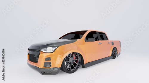 yellow pickup car - 3D render on white.3d render