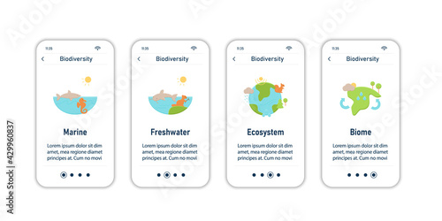 Biodiversity onboarding mobile app screens. Marine, freshwater, ecosystem, biome. Biodiversity steps menu. Set of UI, UX, web template with RGB color linear icons