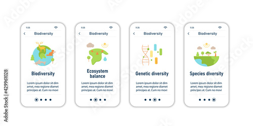 Biodiversity onboarding mobile app screens. Ecosystem balance, genetic diversity, spacies diversity. Biodiversity steps menu. Set of UI, UX, web template with RGB color linear icons