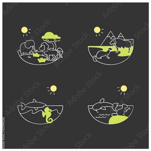 Biodiversity chalk icons set. Consists of desert, savana, tundra, freshwater, marine ecosystems. Biodiversity concept.Isolated vector illustrations on chalkboard