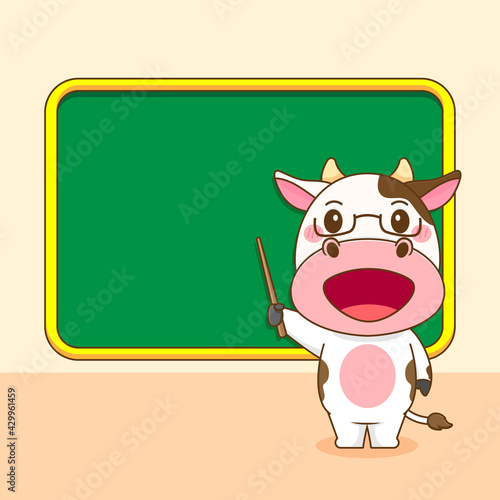 cartoon illustration of cute cow character as a teacher with green board