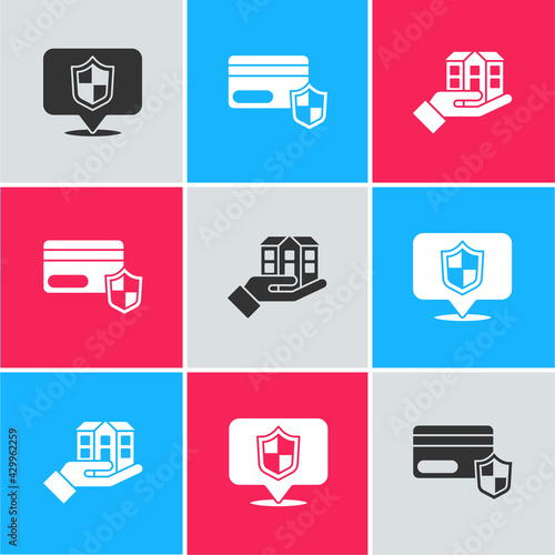 Set Location shield, Credit card with and House in hand icon. Vector