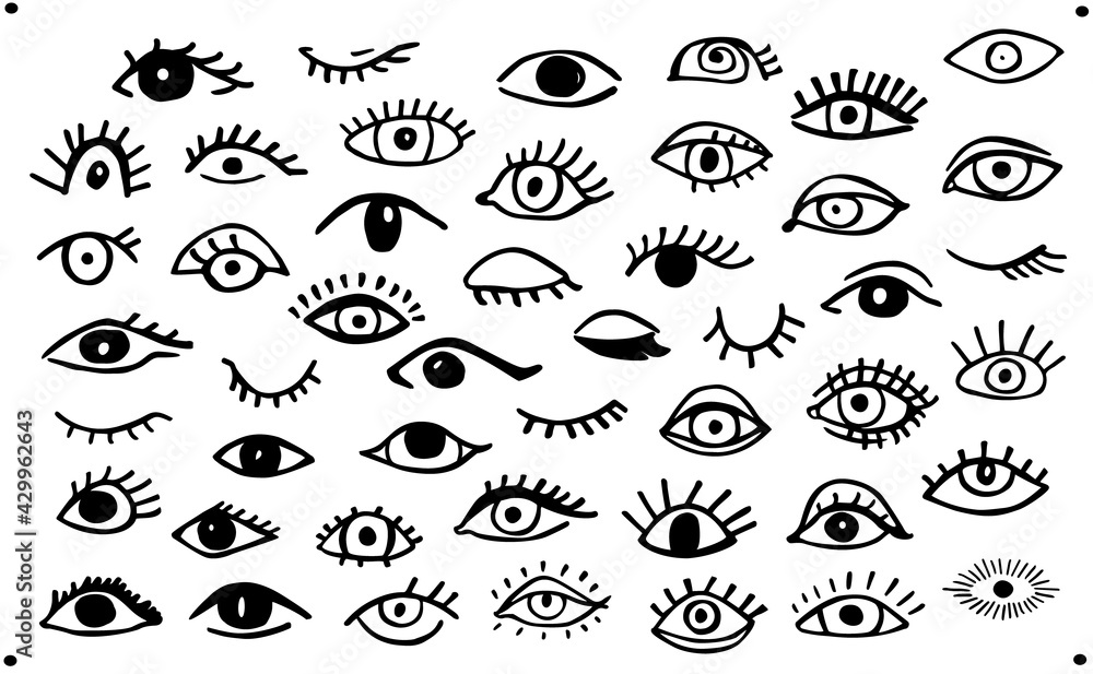 hand drawn set of various opened and closed eyes, isolated vector illustration graphic collection,