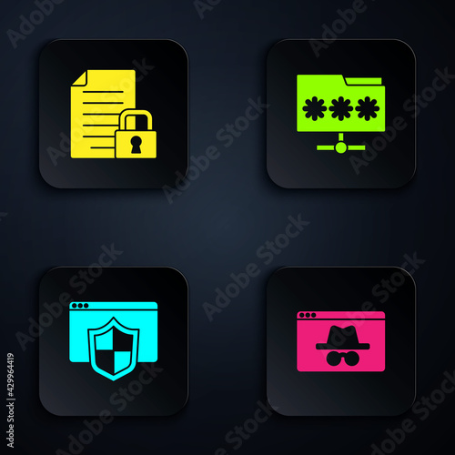 Set Browser incognito window, Document and lock, with shield and Folder password. Black square button. Vector